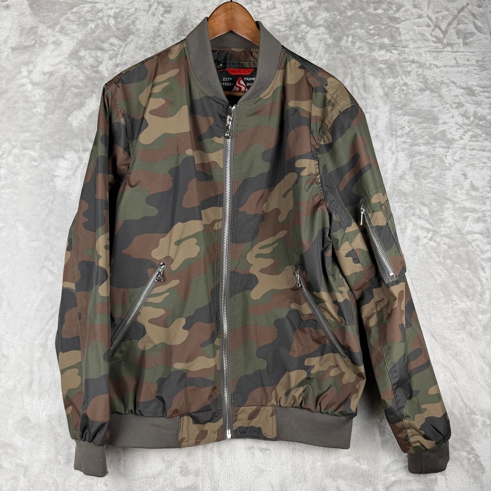 Spire Mens Camo Bomber Jacket Size M Orange Lined‎ Zip Pockets Water Resistant